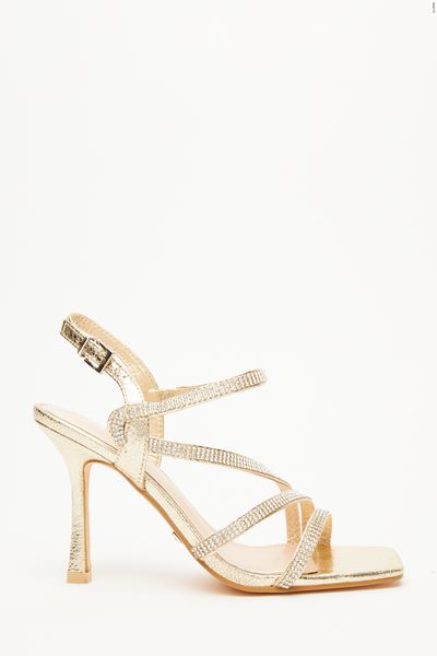 Wide Fit Gold Diamante Strappy Heels